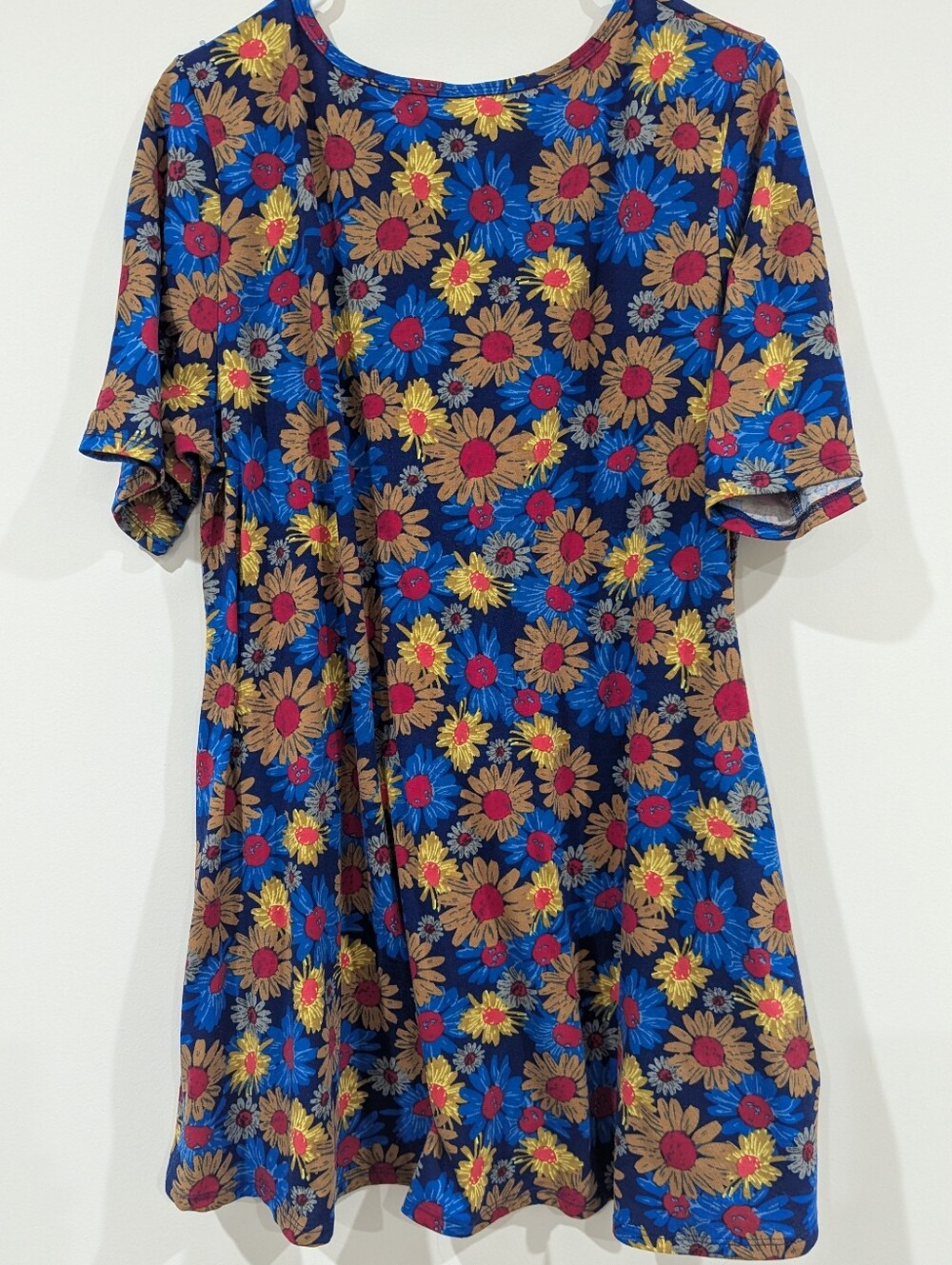 LuLaRoe Blue Floral Scoop Neck Tunic with Red and Yellow Accents - Picture 2 of 4
